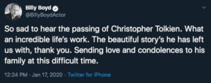واکنش توییتری بیلی بوید به مرگ کریستوفر تالکین