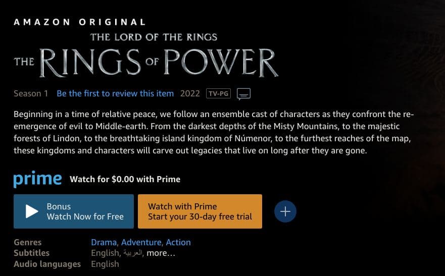 رده‌بندی سنی TV-PG را برای فصل اول سریال «ارباب حلقه‌ها: حلقه‌های قدرت»